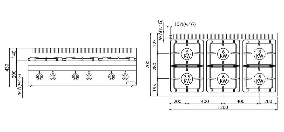Gazlı Ocak - 36 kW - 6 Gözlü - 3 Kapılı Alt Stand Dahil