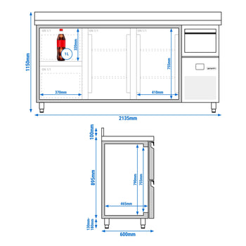 Bar Tipi & Meşrubat Buzdolabı - 2130x600mm - 2 Kapılı, 2 Çekmeceli, Sırtlı & Telve Kovalı