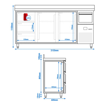 Bar Tipi & Meşrubat Buzdolabı - 2130x600mm - 2 Kapılı, 3 Çekmeceli, Sırtlı & Telve Kovalı