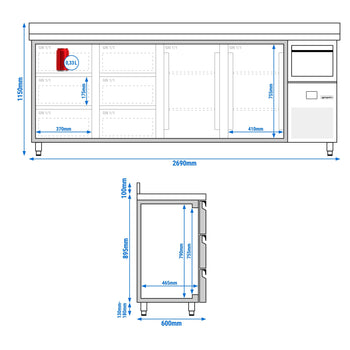 Bar Tipi & Meşrubat Buzdolabı - 2690x600mm - 2 Kapılı, 6 Çekmeceli, Sırtlı & Telve Kovalı