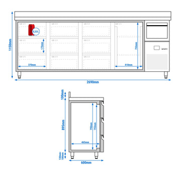 Bar Tipi & Meşrubat Buzdolabı - 2690x600mm - 1 Kapılı,  9 Çekmeceli, Sırtlı & Telve Kovalı