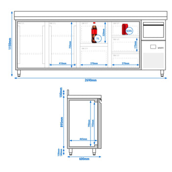 Bar Tipi & Meşrubat Buzdolabı  - 2690x600mm - 2 Kapılı, 5 Çekmeceli , Sırtlı & Telve Kovalı