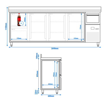 Bar Tipi & Meşrubat Buzdolabı - 2690x600mm - 3 Kapılı, 2 Çekmeceli, Sırtlı & Telve Kovalı