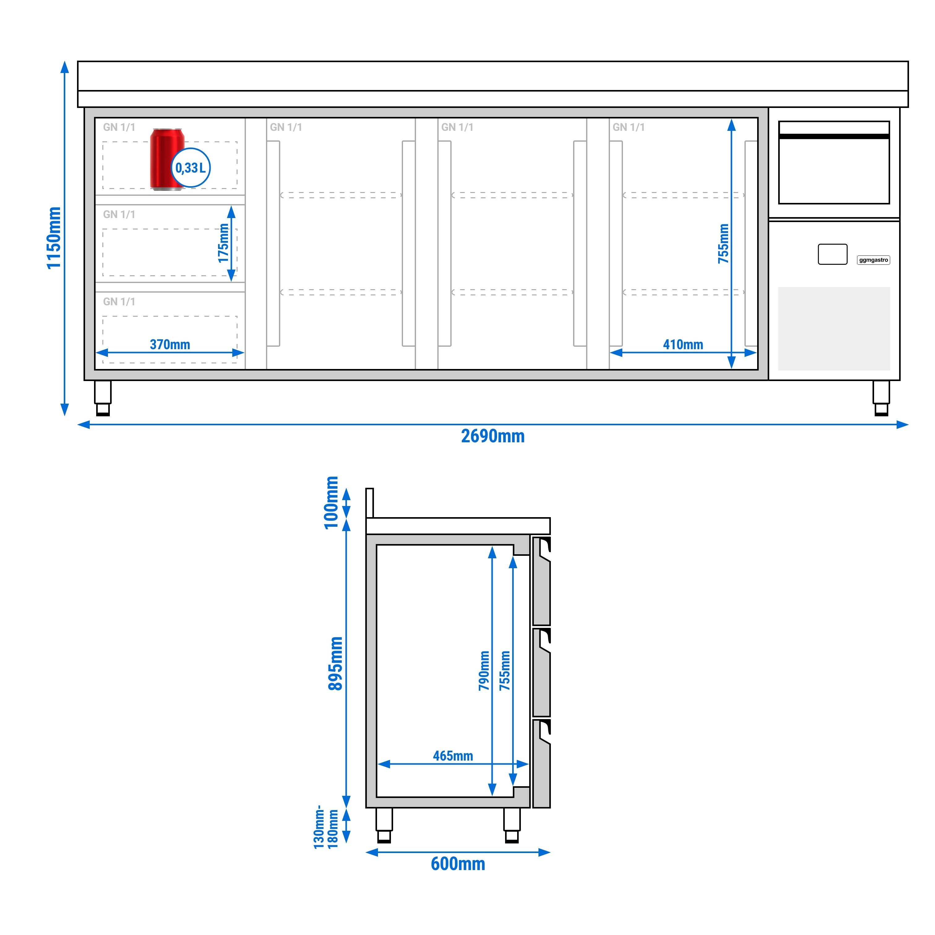 Bar Tipi & Meşrubat Buzdolabı - 2690x600mm - 3 Kapılı, 3 Çekmeceli , Sırtlı & Telve Kovalı