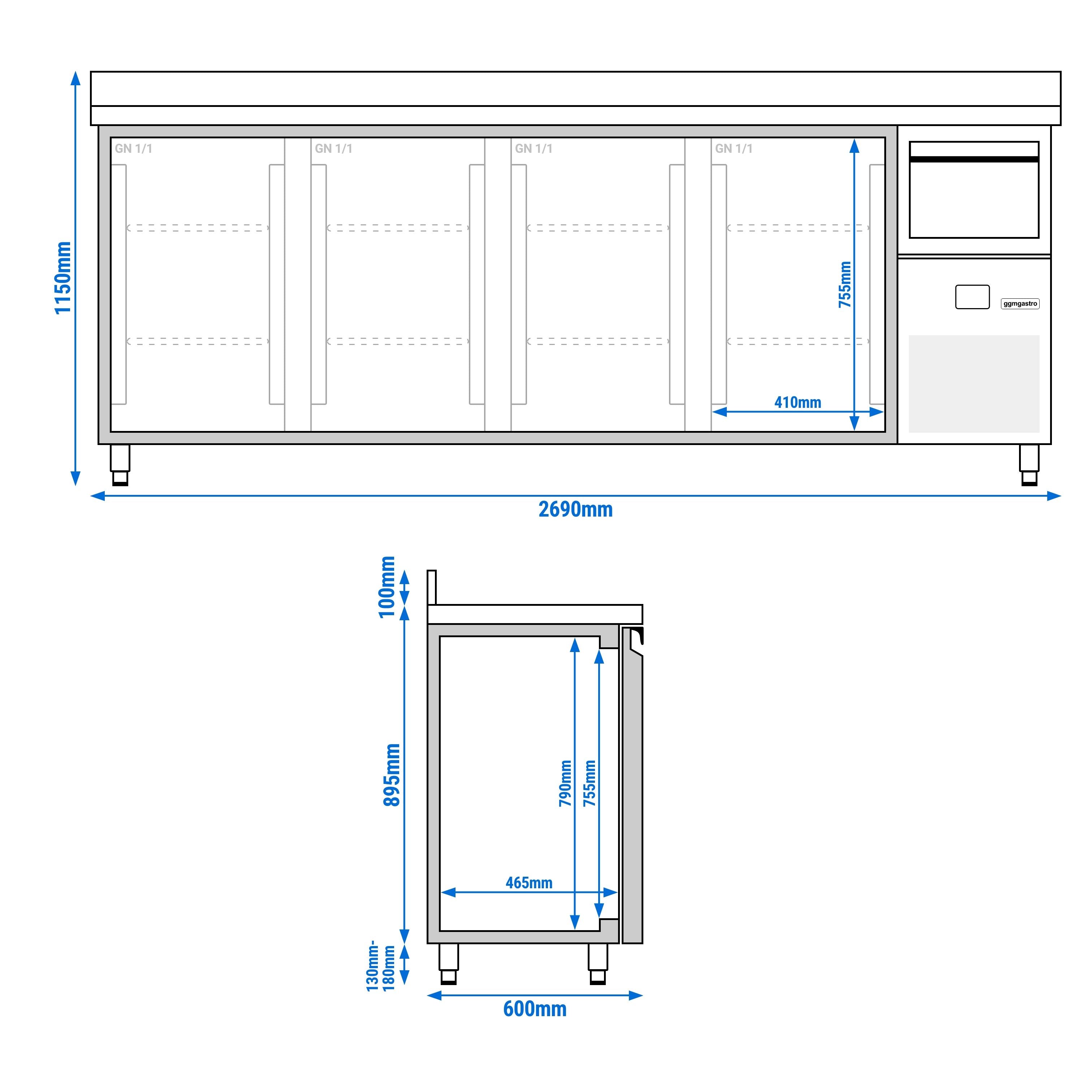 Bar Tipi & Meşrubat Buzdolabı - 2690x600mm - 4 Kapılı, Sırtlı & Telve Kovalı