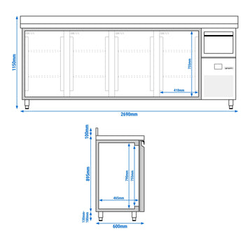 Bar Tipi & Meşrubat Buzdolabı  - 2690x600mm - 4 Kapılı, Sırtlı & Telve Kovalı