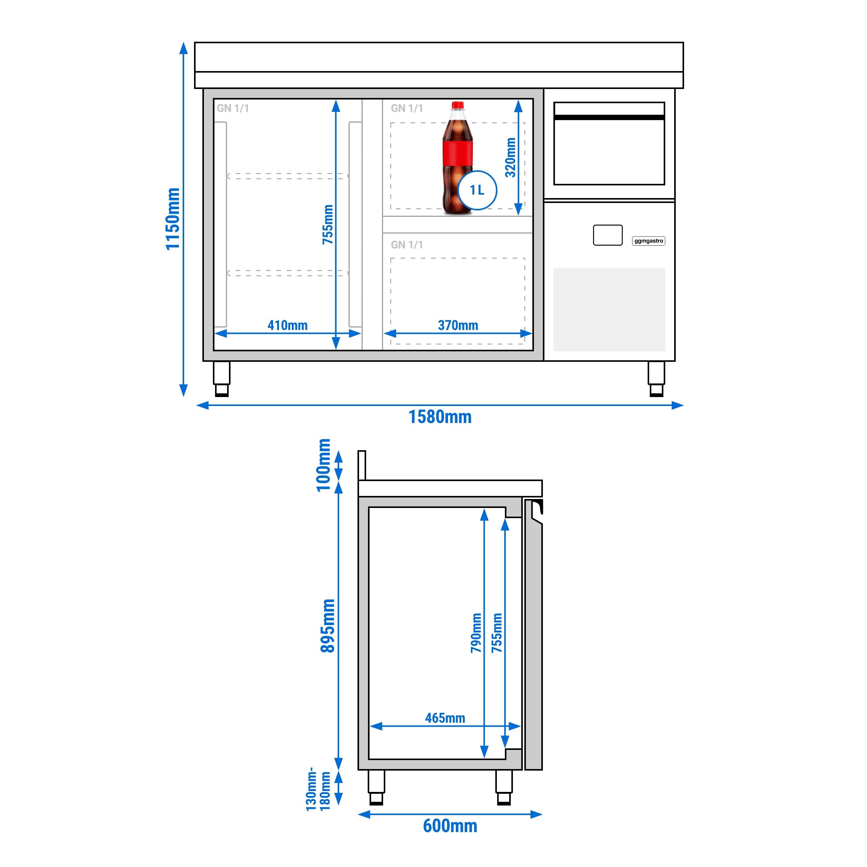 Bar Tipi & Meşrubat Buzdolabı  - 1580x600mm - 1 Kapılı, 2 Çekmeceli , Sırtlı & Telve Kovalı