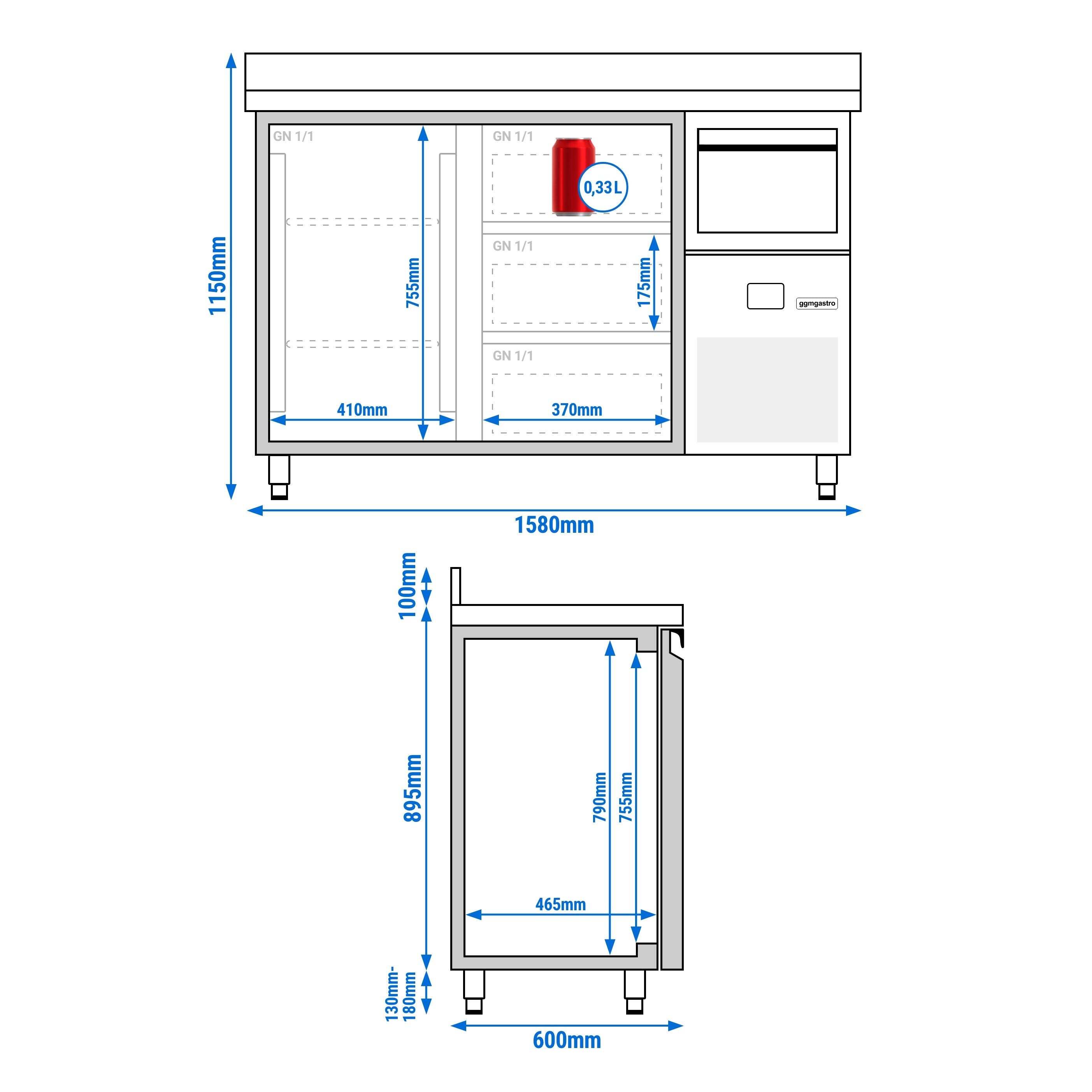 Bar Tipi & Meşrubat Buzdolabı  - 1580x600mm - 1 Kapılı, 3 Çekmeceli , Sırtlı & Telve Kovalı