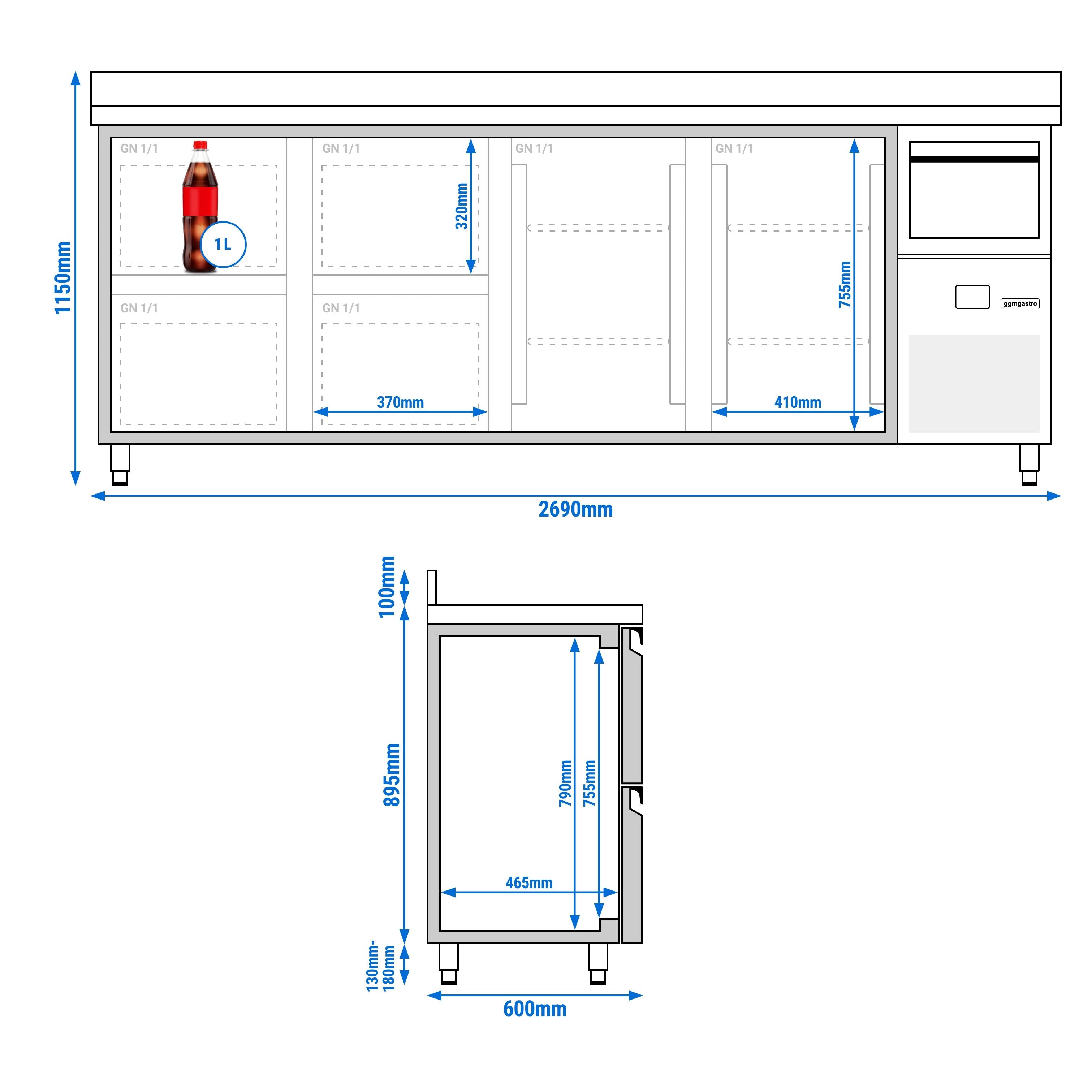 Bar Tipi & Meşrubat Buzdolabı  - 2690x600mm - 2 Kapılı,  4 Çekmeceli, Sırtlı & Telve Kovalı