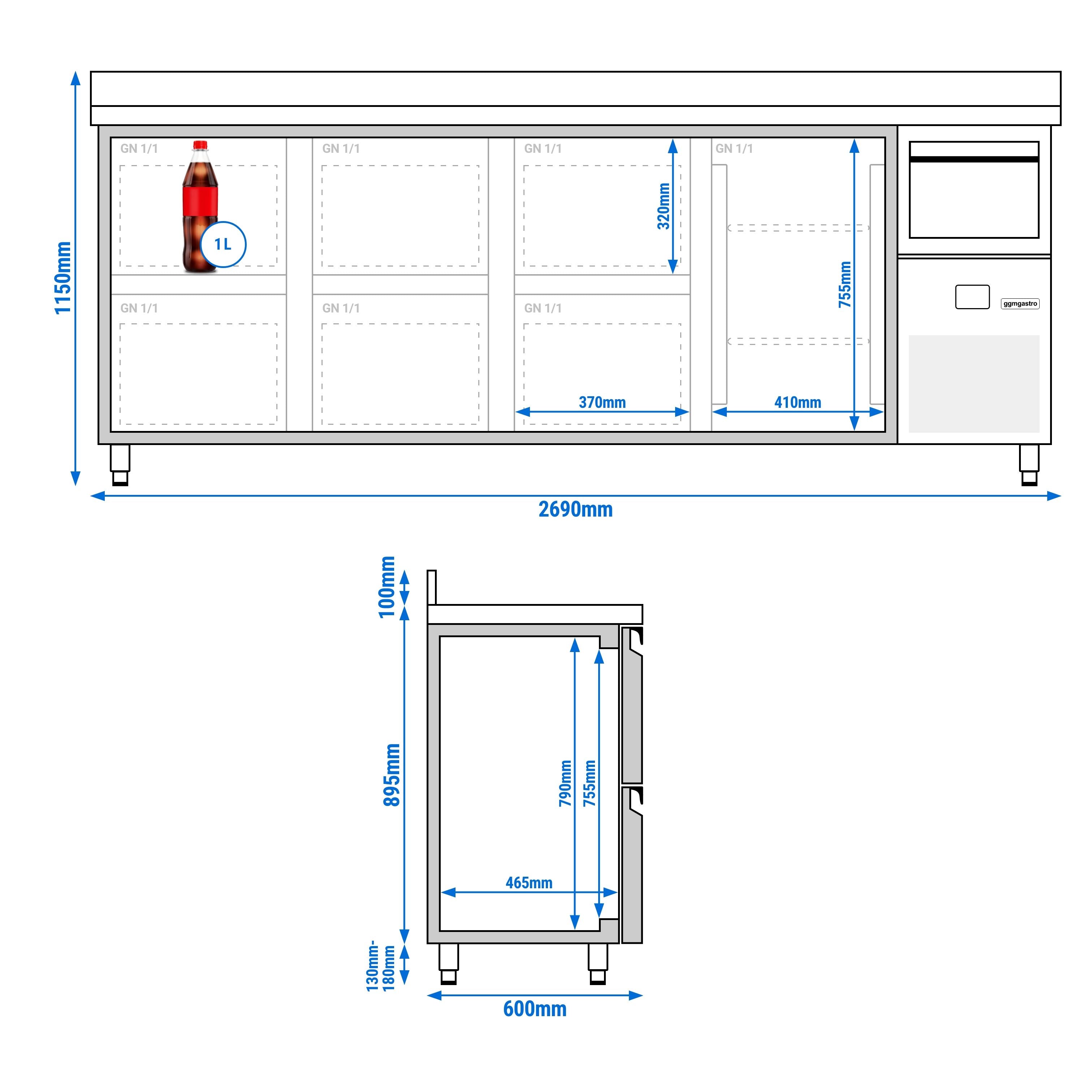 Bar Tipi & Meşrubat Buzdolabı  - 2690x600mm - 1 Kapılı,  6 Çekmeceli , Sırtlı & Telve Kovalı