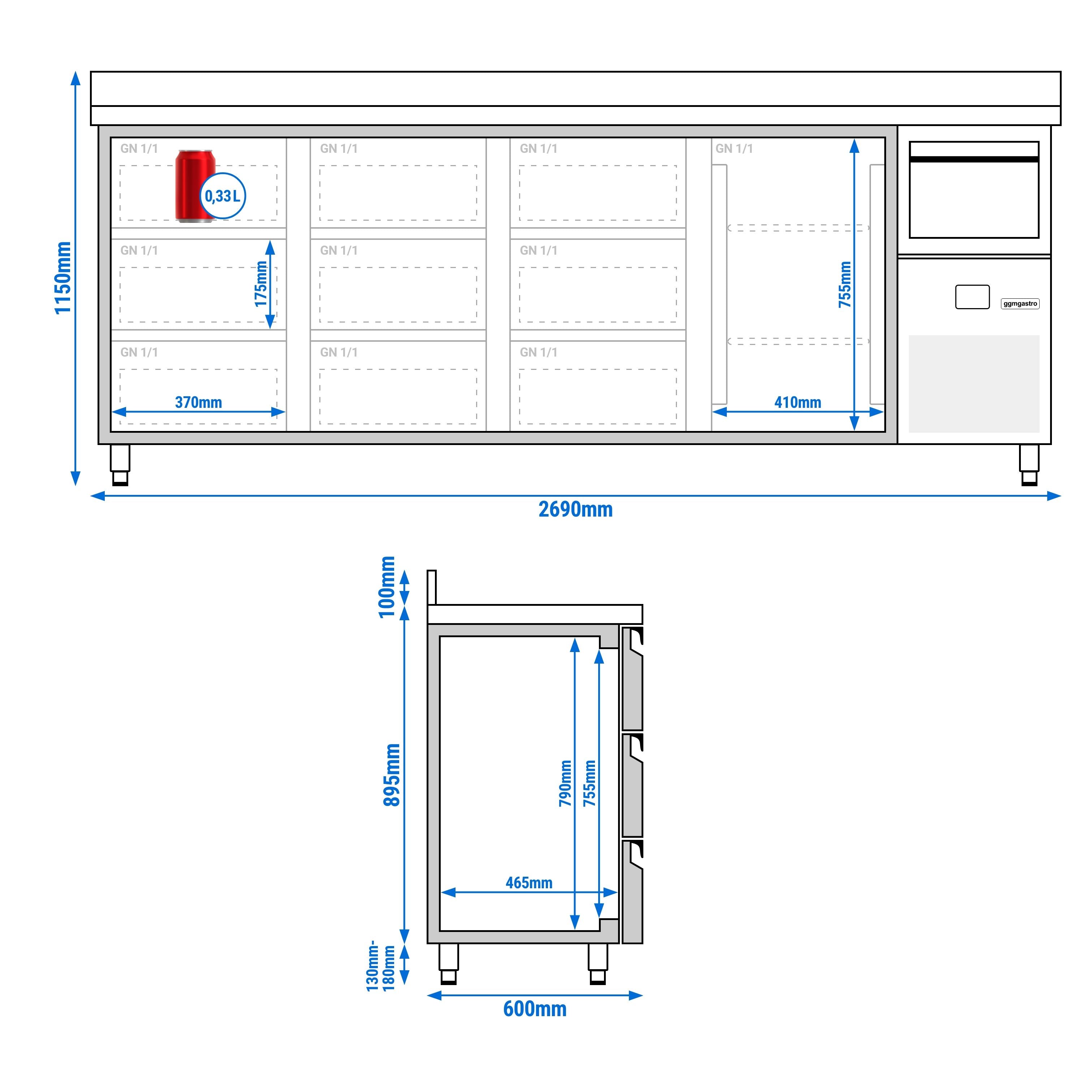 Bar Tipi & Meşrubat Buzdolabı  - 2690x600mm - 1 Kapılı,  9 Çekmeceli , Sırtlı & Telve Kovalı