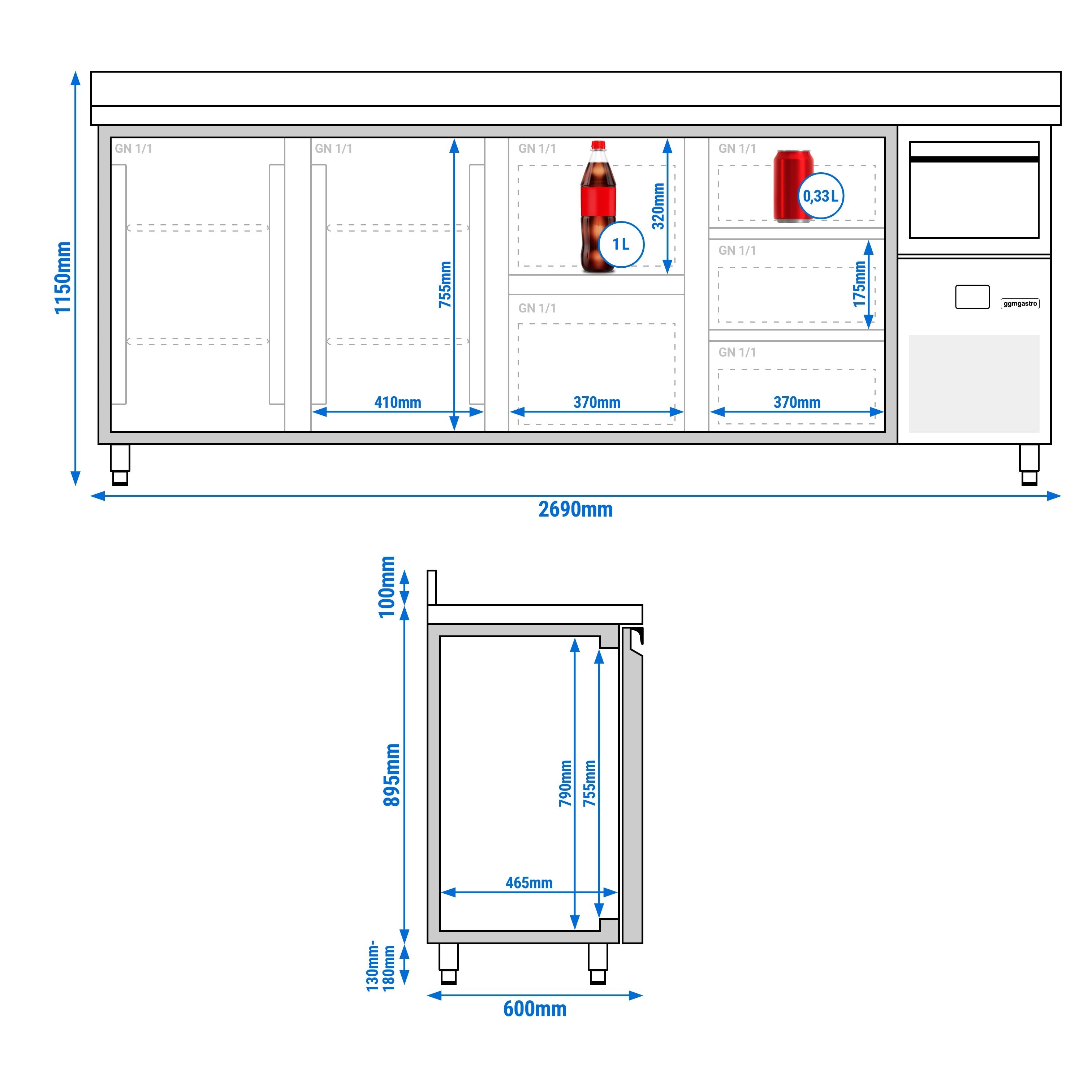 Bar Tipi & Meşrubat Buzdolabı  - 2690x600mm - 2 Kapılı, 5 Çekmeceli , Sırtlı & Telve Kovalı
