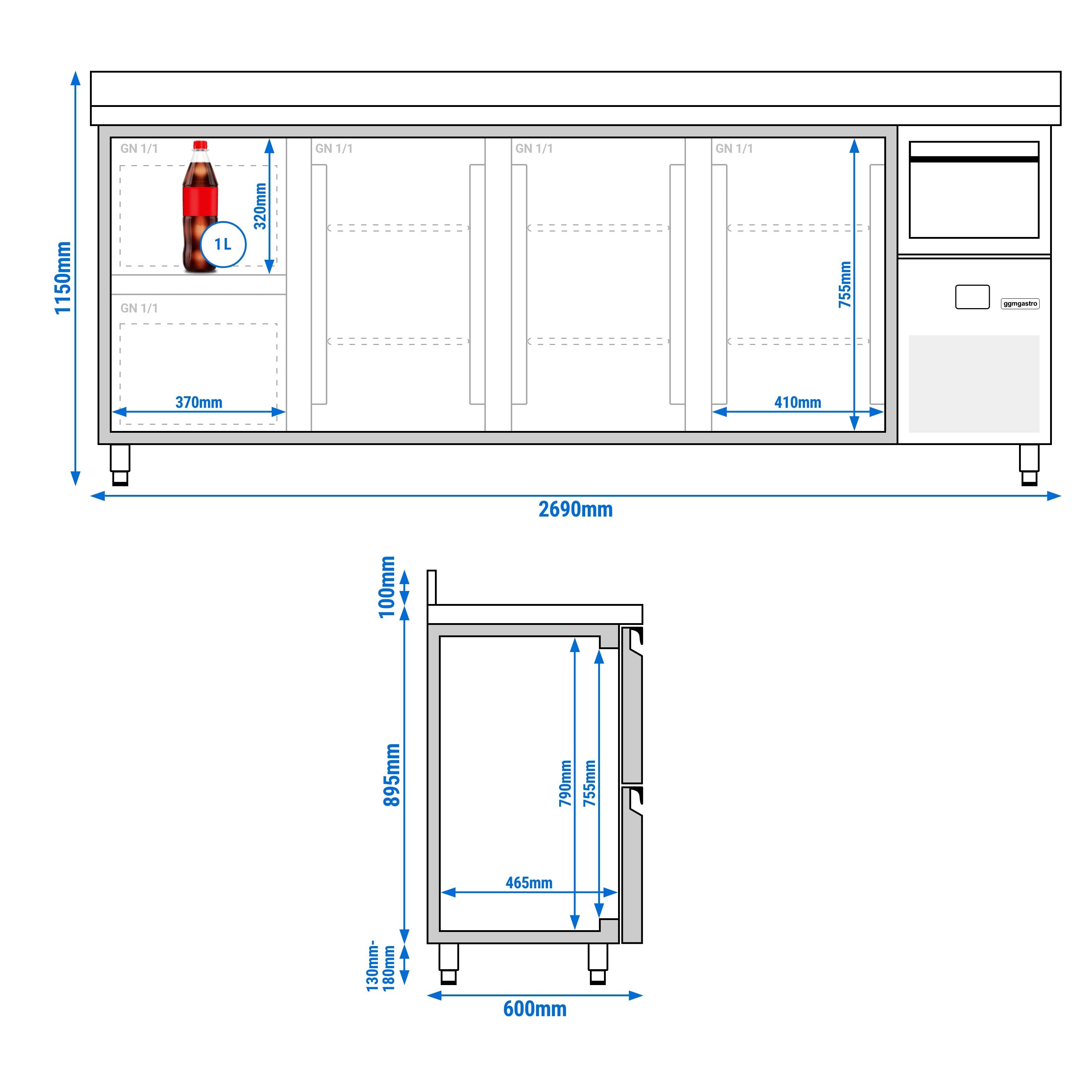 Bar Tipi & Meşrubat Buzdolabı  - 2690x600mm - 3 Kapılı,  2 Çekmeceli , Sırtlı & Telve Kovalı