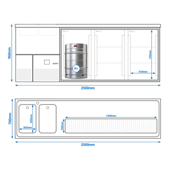 Bira Tezgahı - 2500x700mm - 3 Cam Kapılı