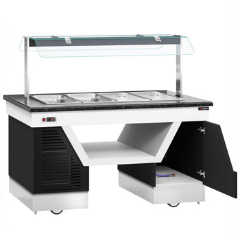 Sıcak Açık Büfe Tezgahı BELFAST - 1600mm - Benmarili& Tekerlekli - 4x GN 1/1 için