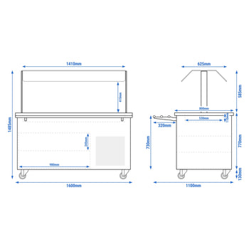 Tekerlekli Soğuk Açık Büfe Tezgahı DANZIG - 1600 mm - 4x GN 1/1 için - Tepsi Kızaklı - Siyah