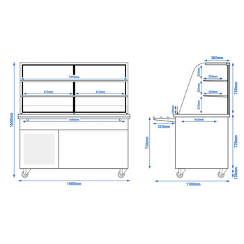 Soğutmalı Büfe Arabası DANZIG - 1600 mm - 2 Raflı - Tepsi Kızaklı - Siyah