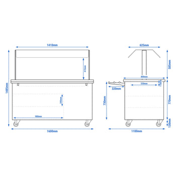 Tekerlekli Sıcak Açık Büfe Tezgahı DANZIG - 1600 mm - 4x GN 1/1 için - Tepsi Kızaklı - Siyah