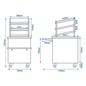 Bardak ve Fincan Arabası DANZIG - 700 mm - Tepsi Kızaklı - Siyah