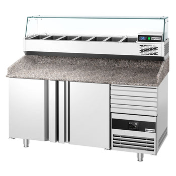 Pizza Hazırlık Tezgahı   - 1600x800mm - 2 Kapılı & 3 Çekmeceli - Soğutmalı Vitrin Dahil - 6x GN 1/3