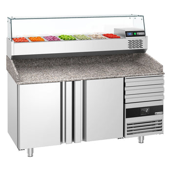 Pizza Hazırlık Tezgahı   - 1600x800mm - 2 Kapılı & 3 Çekmeceli - Soğutmalı Vitrin Dahil - 6x GN 1/3
