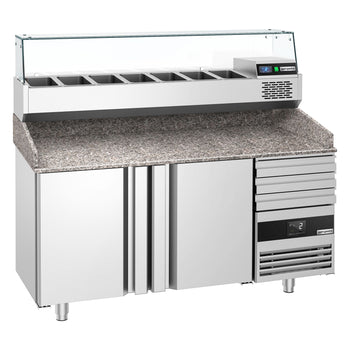 Pizza Hazırlık Tezgahı   - 1600x800mm - 2 Kapılı & 3 Çekmeceli - Soğutmalı Vitrin Dahil - 6x GN 1/3