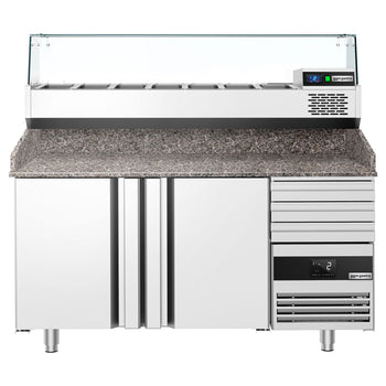Pizza Hazırlık Tezgahı   - 1600x800mm - 2 Kapılı & 3 Çekmeceli - Soğutmalı Vitrin Dahil - 6x GN 1/3
