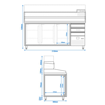 Pizza Hazırlık Tezgahı   - 2150x800mm - 3 Kapılı & 3 Çekmeceli - Soğutmalı Vitrin Dahil - 10x GN 1/3