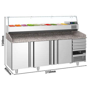 Pizza Hazırlık Tezgahı   - 2150x800mm - 3 Kapılı & 3 Çekmeceli - Soğutmalı Vitrin Dahil - 10x GN 1/3
