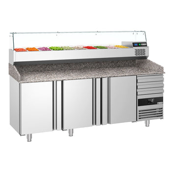 Pizza Hazırlık Tezgahı   - 2150x800mm - 3 Kapılı & 3 Çekmeceli - Soğutmalı Vitrin Dahil - 10x GN 1/3