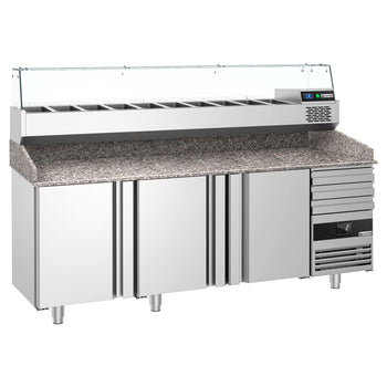 Pizza Hazırlık Tezgahı   - 2150x800mm - 3 Kapılı & 3 Çekmeceli - Soğutmalı Vitrin Dahil - 10x GN 1/3