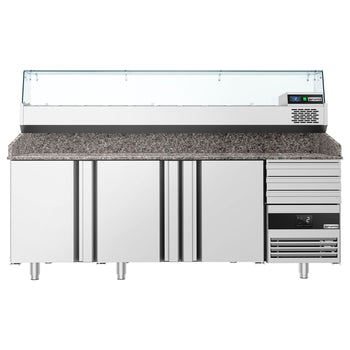 Pizza Hazırlık Tezgahı   - 2150x800mm - 3 Kapılı & 3 Çekmeceli - Soğutmalı Vitrin Dahil - 10x GN 1/3