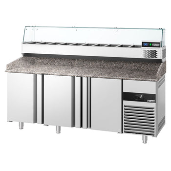 Pizza Hazırlık Tezgahı   - 2100x800mm - 3 Kapılı - Soğutmalı Vitrin Dahil - 10x GN 1/3