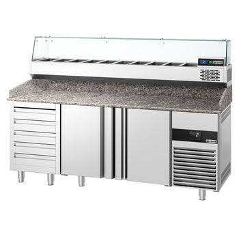 Pizza Hazırlık Tezgahı  - 2100x800mm - 2 Kapılı & 5 Çekmeceli - Soğutmalı Vitrin Dahil - 10x GN 1/3
