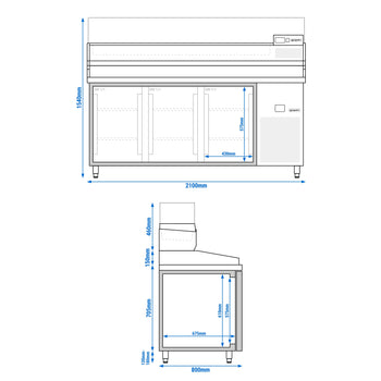 Pizza Hazırlık Tezgahı   - 2100x800mm - 3 Kapılı - Soğutmalı Vitrin Dahil - 10x GN 1/3