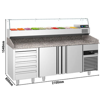 Pizza Hazırlık Tezgahı  - 2100x800mm - 2 Kapılı & 5 Çekmeceli - Soğutmalı Vitrin Dahil - 10x GN 1/3