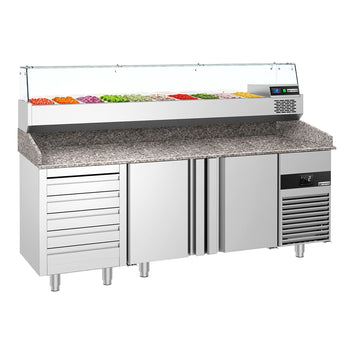 Pizza Hazırlık Tezgahı  - 2100x800mm - 2 Kapılı & 5 Çekmeceli - Soğutmalı Vitrin Dahil - 10x GN 1/3