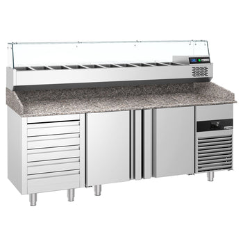 Pizza Hazırlık Tezgahı  - 2100x800mm - 2 Kapılı & 5 Çekmeceli - Soğutmalı Vitrin Dahil - 10x GN 1/3