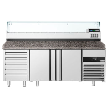 Pizza Hazırlık Tezgahı  - 2100x800mm - 2 Kapılı & 5 Çekmeceli - Soğutmalı Vitrin Dahil - 10x GN 1/3
