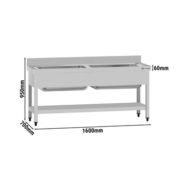 Tencere Yıkama Tezgahı ECO - 1600x700mm - Alt Raflı & 2 Evyeli