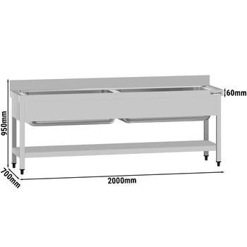 Tencere Yıkama Tezgahı ECO - 2000x700mm - Alt Raflı & 2 Evyeli