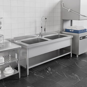 Tencere Yıkama Tezgahı ECO - 2000x700mm - Alt Raflı & 2 Evyeli