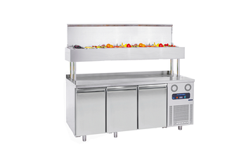 Yatay, Tezgah Tip, Yükseltilmiş Make Up, Hazırlık Buzdolabı - Paslanmaz Çelik - 3 Kapılı